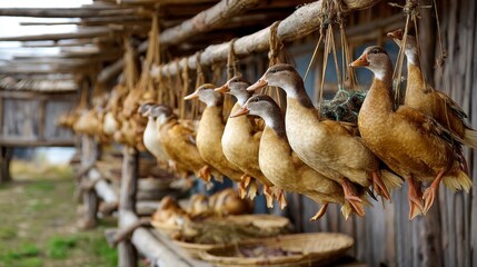 Obraz premium Traditional Method of Hanging Dried Ducks in Rustic Setting