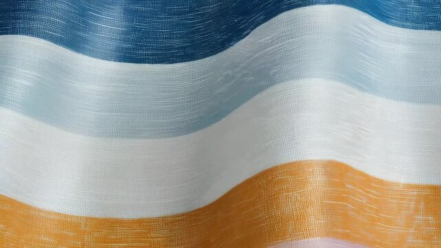 Vibrant textile fabric print featuring blue, white, and orange stripes, showcasing modern design and texture for dynamic visual appeal
