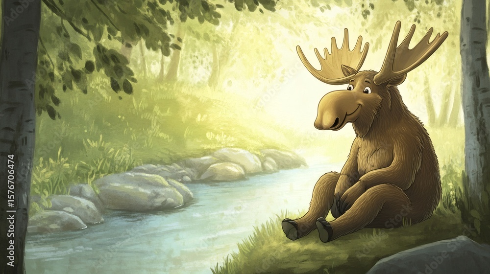 Poster a smiling moose is relaxing beside a flowing forest stream