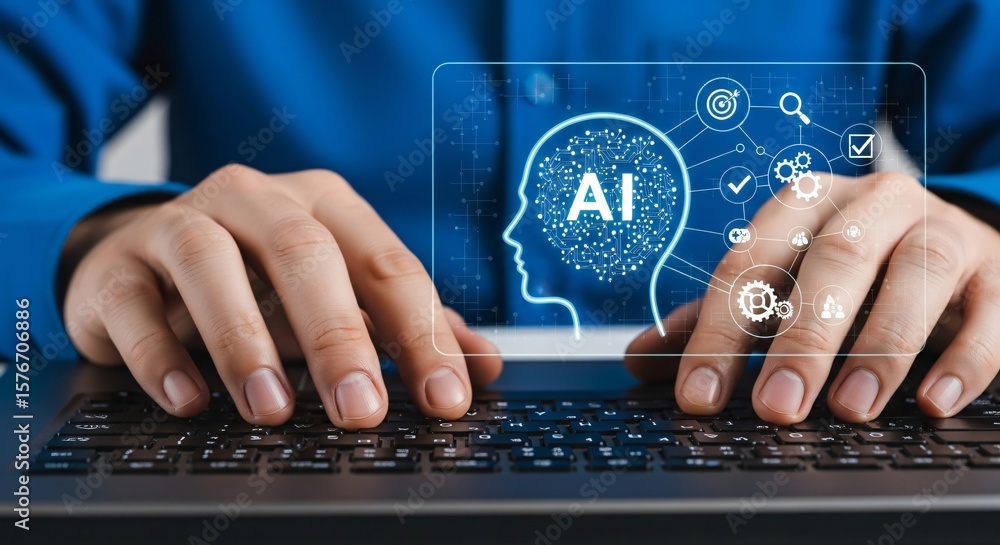 Poster person using laptop computer ai technology concept digital brain innovative software development