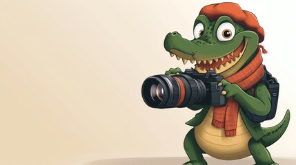 A Friendly Cartoon Alligator Poses Smiling Holding A Camera