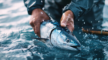 A close-up of a fisherman carefully releasing a captured tuna back into the ocean, symbolizing responsible catch-and-release practices and conservation efforts
