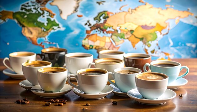 Coffee Around the World Diverse Cups on Table with a World Map Background.