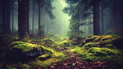 Obraz premium Forest Path with Green Moss and Tall Trees