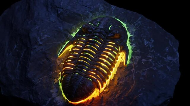 Glowing Trilobite Fossil Embedded in Dark Rock