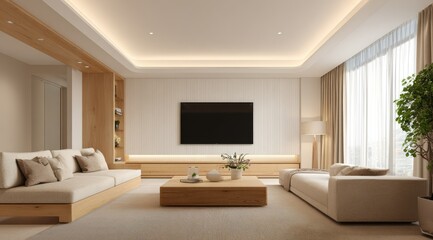 Modern minimalist living room with light wood furniture, neutral tones, and recessed lighting.  A large flat-screen TV is mounted on a light wall
