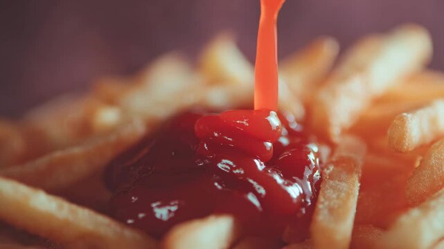 french fries with pouring ketchup