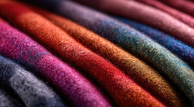 Close-up of a neatly arranged stack of woolen plaid scarves in various autumnal colors, showcasing the texture and subtle variations in the weave
