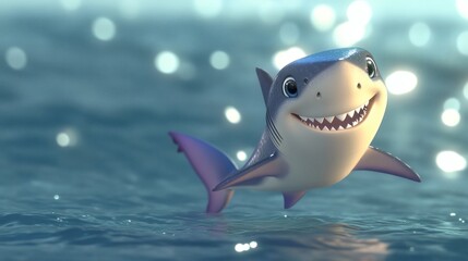 Naklejka premium A friendly cartoon shark swimming joyfully in the bright water