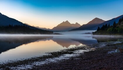 Fototapeta premium misty mountains and calm waters reflect tranquility at dawn in a serene landscape