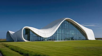 Fototapeta premium A modern, white, wave-like building with large glass windows sits on a vibrant green lawn against a clear blue sky. The structure's unique curves and smooth facade are prominent features