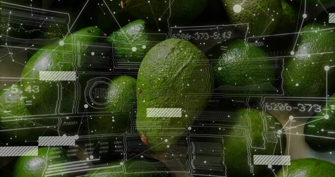 Digital interface scanning and overlaying glitch bars over avocado cluster analyzing freshness data