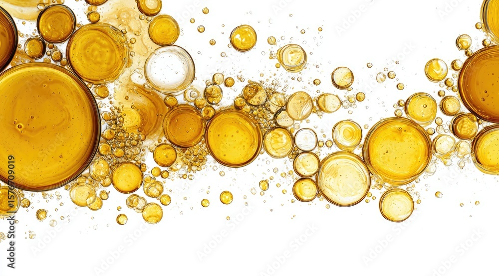 Poster Abstract image of numerous translucent, amber-colored bubbles of varying sizes floating in a clear liquid against a white backdrop, creating a dynamic, fluid composition