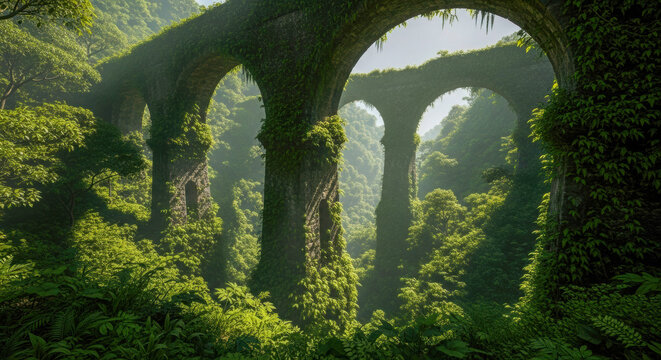 A majestic, ancient stone aqueduct, completely overgrown with lush green vines and foliage, spans across a vibrant, sunlit jungle canopy.