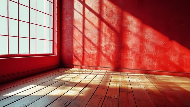 Bright red interior room with wooden floor and shadows cast by window during daylight