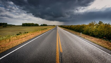 Naklejka premium a paved highway in the countryside stretches towards the horizon under a gray sky suggesting an outdoor scene filled with storm anticipation
