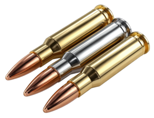 Three metallic cartridges, gold, silver, and copper-tipped, arranged diagonally