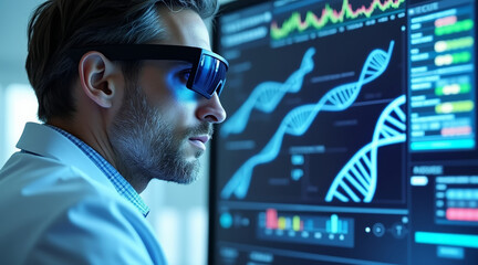 Synthetic Biology concept ,Scientist wearing smart glasses analyzing DNA data on digital screen with focused expression