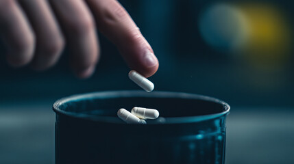 A close-up of a hand dropping a pill into a trash bin, symbolizing the decision to break free from the grip of addiction on International Day Against Drug Abuse.
