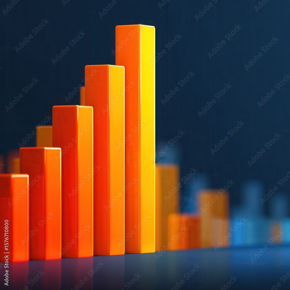 Poster digital generated image of abstract orange bar graph over blue digital surface.
