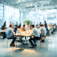 Fototapeta premium Soft of blurred people meeting at table. Abstract white blurred office interior space background. Business people working at office, blurred background. Business concept.