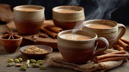 Fototapeta premium Warm Cups of Masala Chai Tea with Frothy Top and Spices