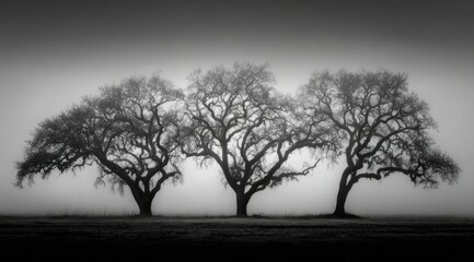 Three leafless, gnarled trees stand in a misty field, their silhouettes stark against a gray sky, creating a serene yet slightly melancholic monochrome landscape