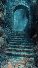 Ancient Stone Archway and Steps Leading Into Mysterious Foggy Cave Portal