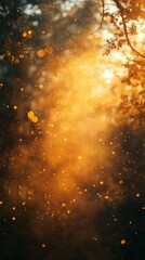 Fototapeta premium Golden Glowing Light with Ethereal Particles and Soft Bokeh in a Dreamy Forest Setting