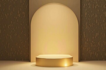 Beauty product 360° display 3D scene, gold rotating podium, soft-light beige backdrop
