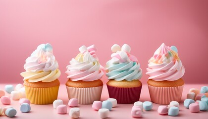 pastel cupcakes with whipped cream toppings and colorful marshmallows on a pink background