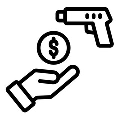 gun money outline icon showing threat and extortion corruption outline icon
