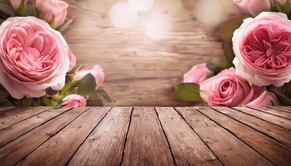 rustic wooden backdrop with pink roses for vintage floral theme