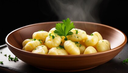 steaming hot gnocchi seasoned with butter and parsley served in a rustic bowl creates an inviting image ideal for food blogs and restaurant menus with a transparent background