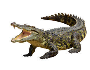 Naklejka premium Wild Crocodile with Wide Open Jaw in Side Profile isolated on transparent background PNG