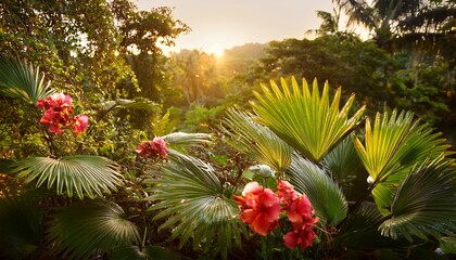 tropical floral arrangement amidst lush greenery in a bright sunny atmosphere of a warm afternoon