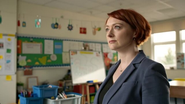 Thoughtful Teacher in Classroom, Focused on Future