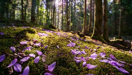 violet petals fall softly onto a moss covered forest floor