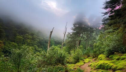 a mystical ambiance created by harmonious blend of nature elements including a verdant forest hidden trails and ethereal clouds that amplify enchantment of woods