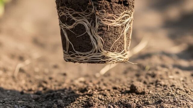 Close-up of Plant Roots and Soil Block Being Lifted Above Ground in a Garden Setting