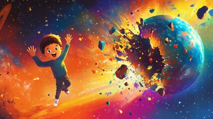 A joyful child celebrates a colorful explosion in outer space