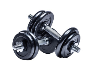 Naklejka premium A pair of black dumbbells, isolated on black background, showcasing their metallic components