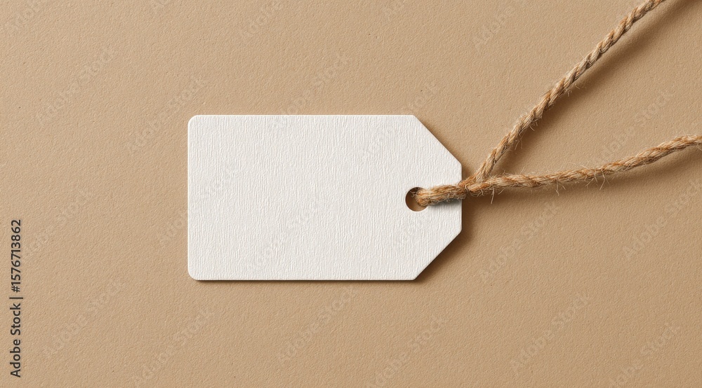 Poster a blank rectangular white tag with a hole and a twine string rests on a beige background. the image 