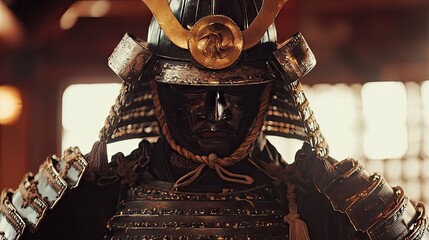 Close-up view of a traditional samurai warrior's armor.