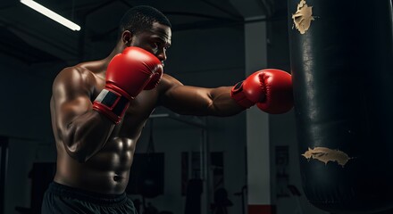 Muscular boxer in red gloves powerfully striking a heavy punching bag.
