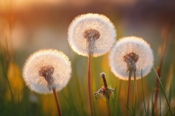 Close-up of three dandelions at sunset in a meadow