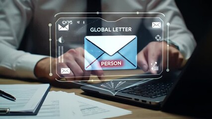 Businessman Interacting with Global Letter Hologram Over a Laptop on Desk with White Shirt and Dark Tie with Documents in Low Angle Close Up - Powered by Adobe
