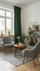 Symmetrical modern interior with gray armchairs. Minimalist decor featuring wooden shelves and green curtains. Round coffee table with white floral centerpiece.
