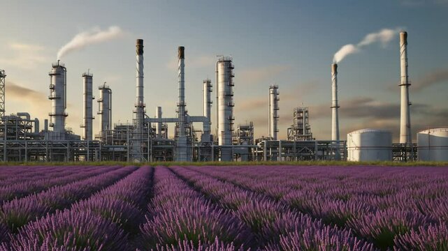 Juxtaposition Industrial complex over lavender field