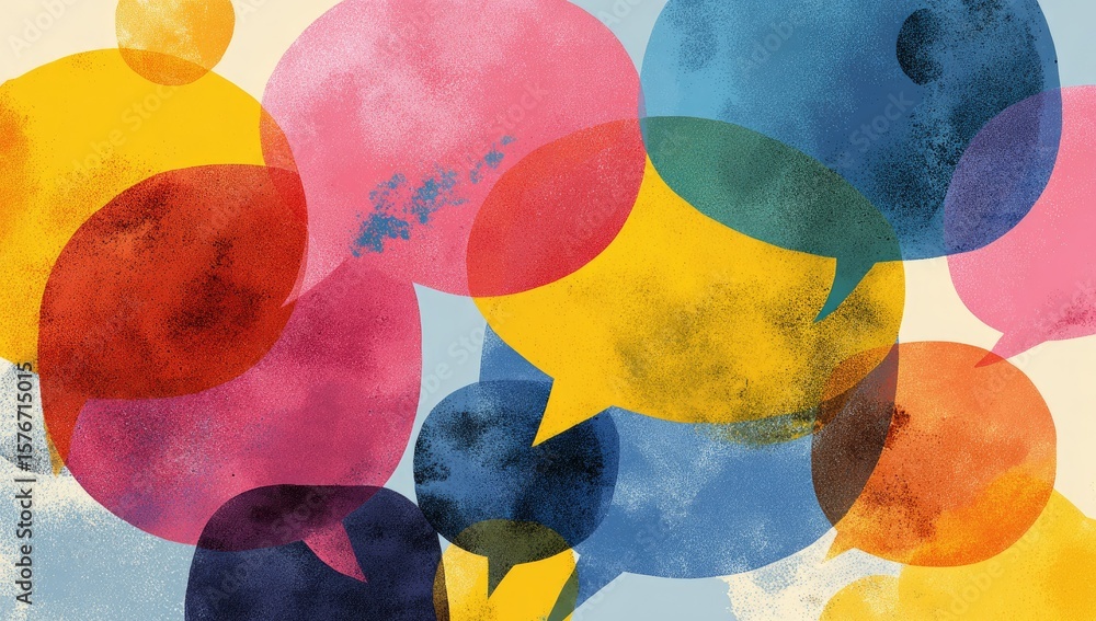 Poster an abstract image featuring overlapping watercolor speech bubbles in various vibrant colors, suggest